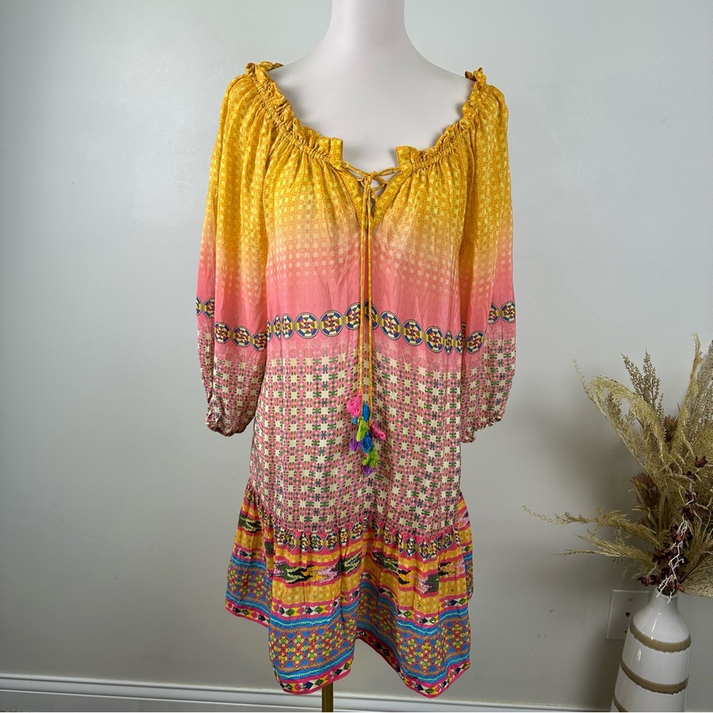 Tanvi Kedia Anthropologie Womens XS Ombré Printed Beaded Tassel Mini Dress Boho
